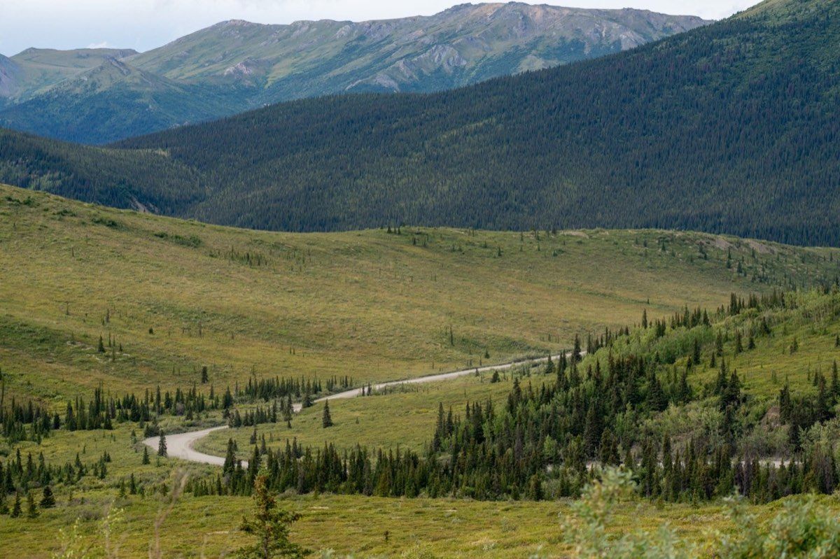 Open damp tundra and mountains beneath low August cloud
