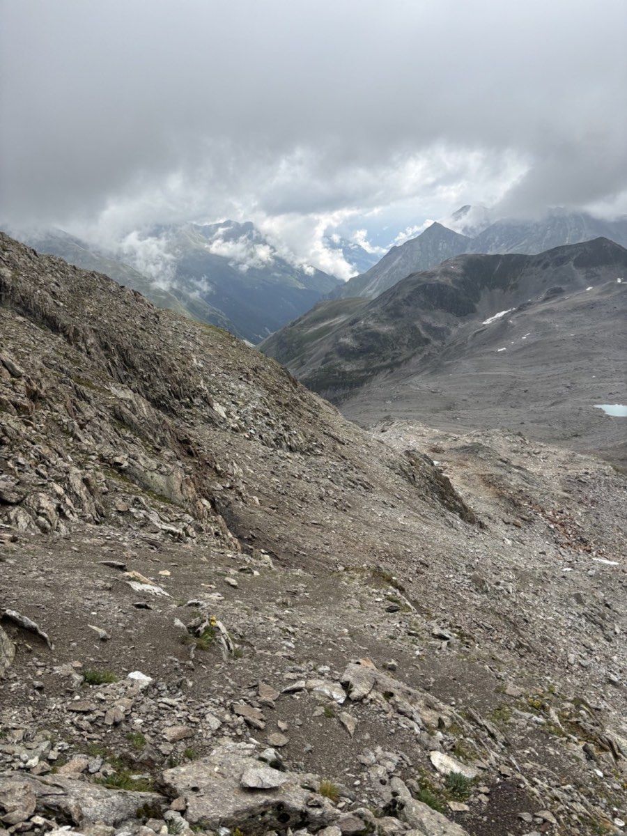 Loose rock and blocky terrain on the traverse beyond Schwarzhornfurgga