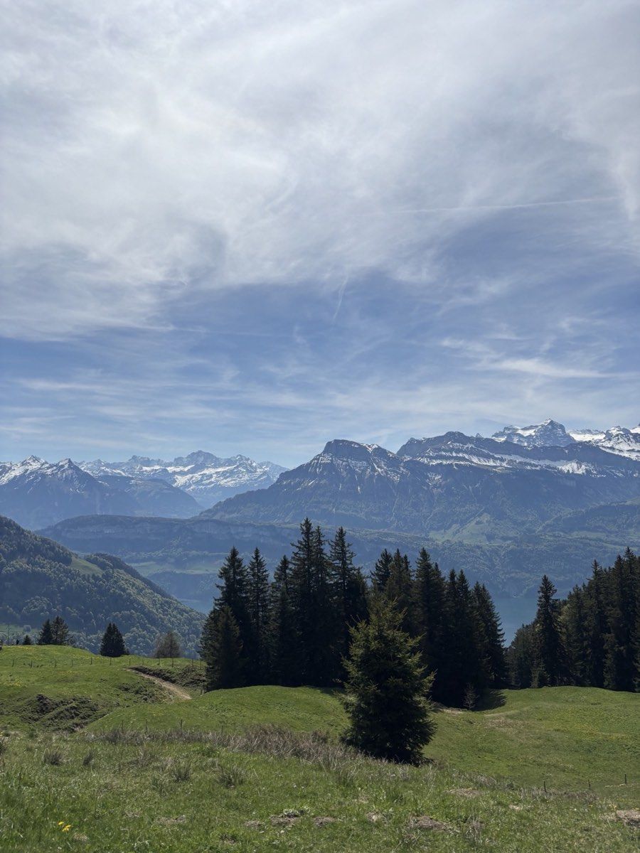 Snow-streaked Alps beyond green meadows on the Rigi traverse