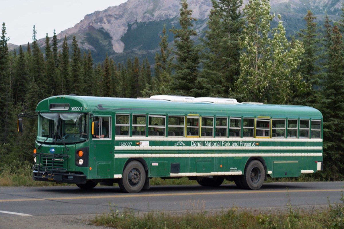 Green Riley Creek shuttle in front of forest and mountains