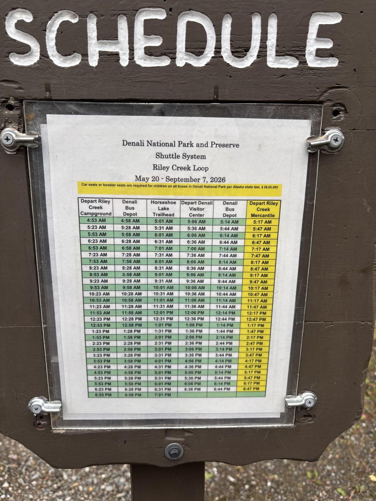 Riley Creek Loop shuttle schedule displayed in the campground