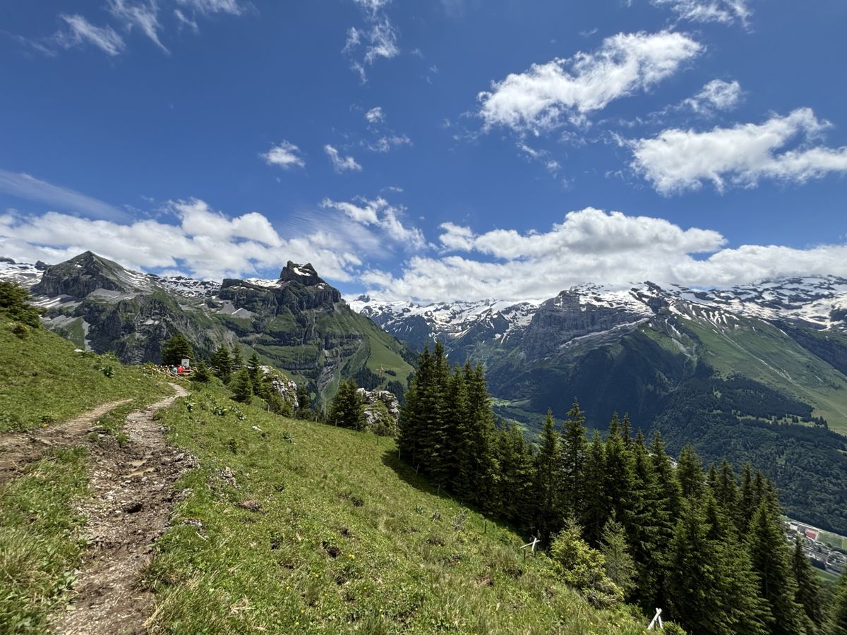 Mountain hiking path across open slopes above Engelberg