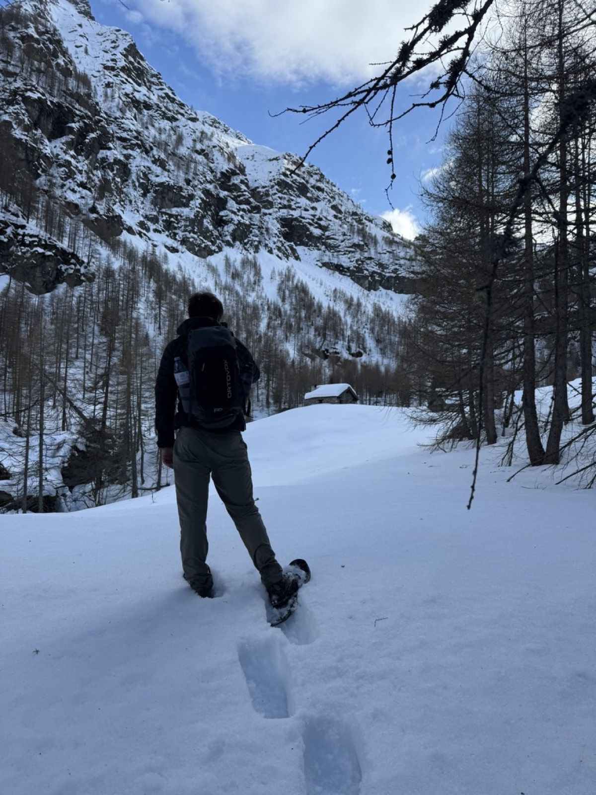 A hiker using snowshoes on the approach to an unstaffed Alpine hut