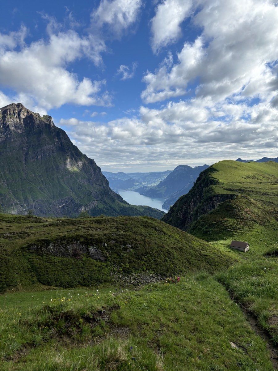 Green Alpine terrain above Uri with Lake Uri in the distance